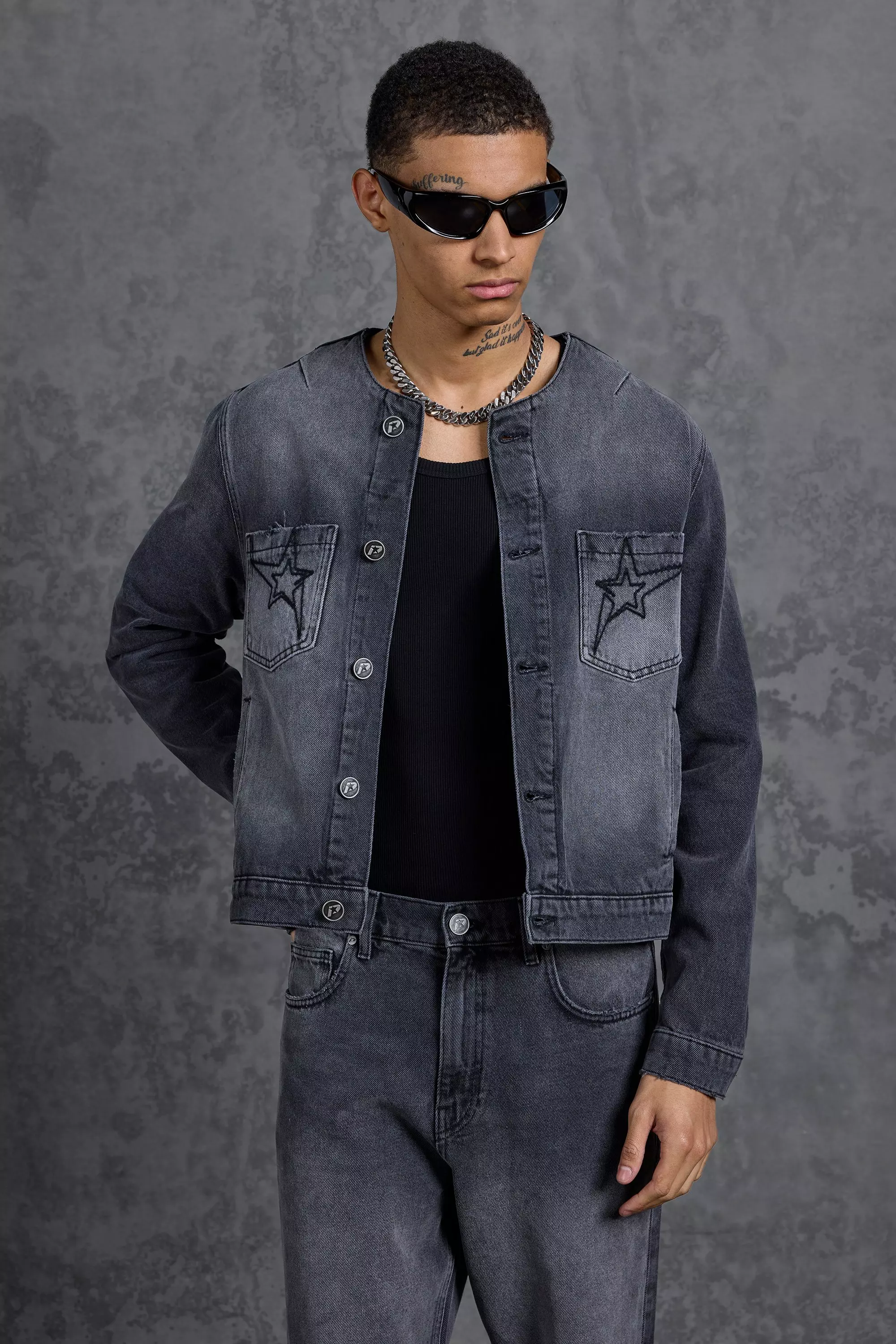 Collarless denim jacket mens best sale